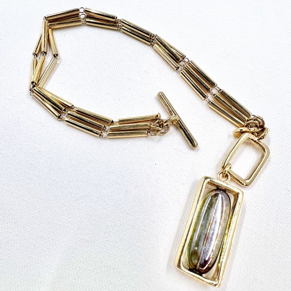 NWOT - Anne Klein II - Glass Bead Rectangle Charm 3 Strand Gold Tone 7” Bracelet